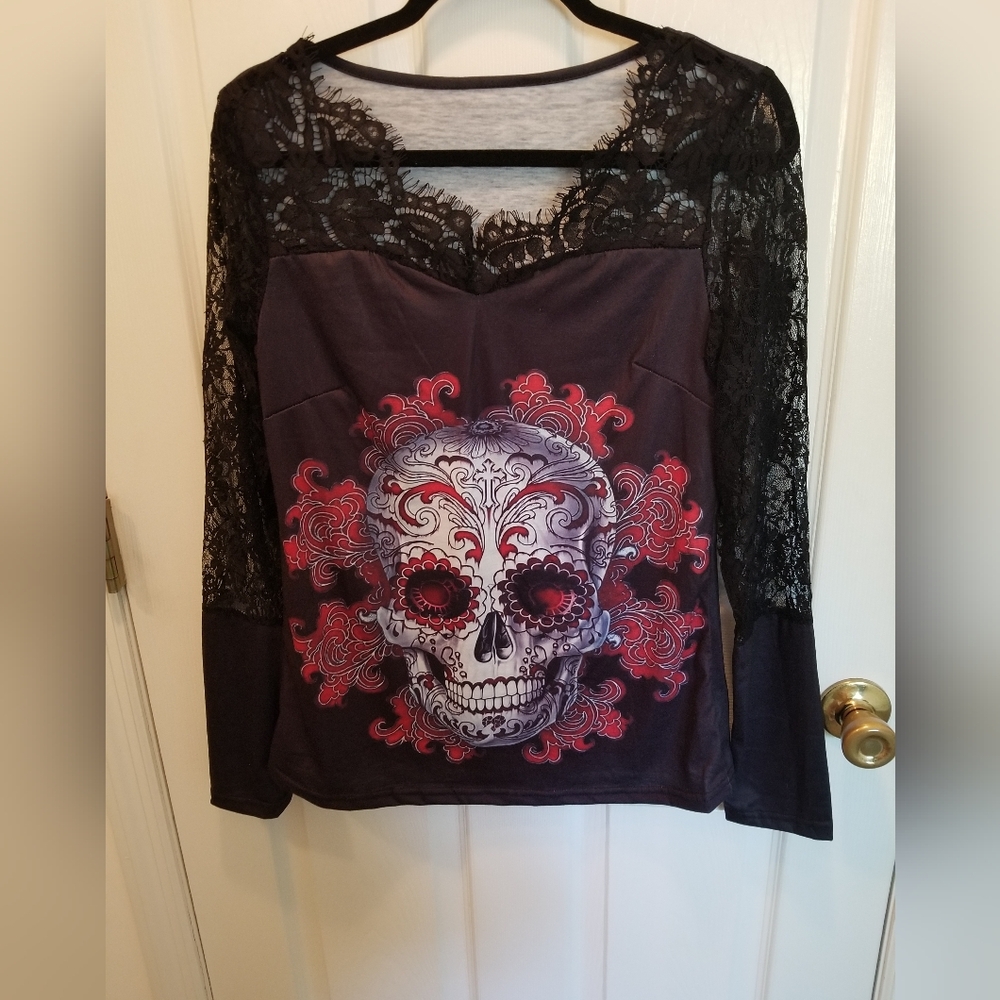 Black Lace Skull Design Women's Top